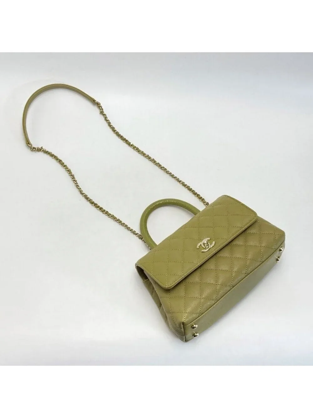 Chanel Quilted Coco Handle XS Handbag Olive Caviar Leather Chain
